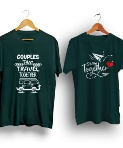 Travel petrol green half sleeve couple t-shirt